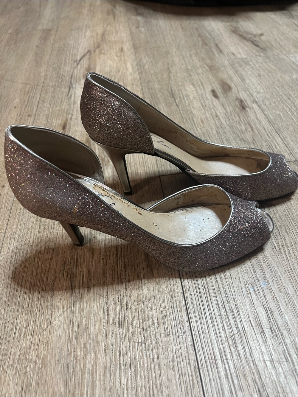 Women's Glitter Peep-Toe Heels in Rose Gold
